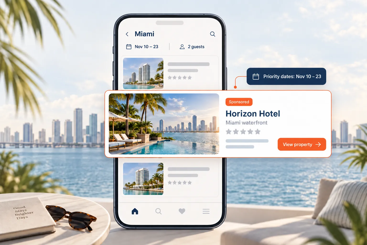 Conceptual example of a sponsored hotel listing in a travel app, highlighting priority dates